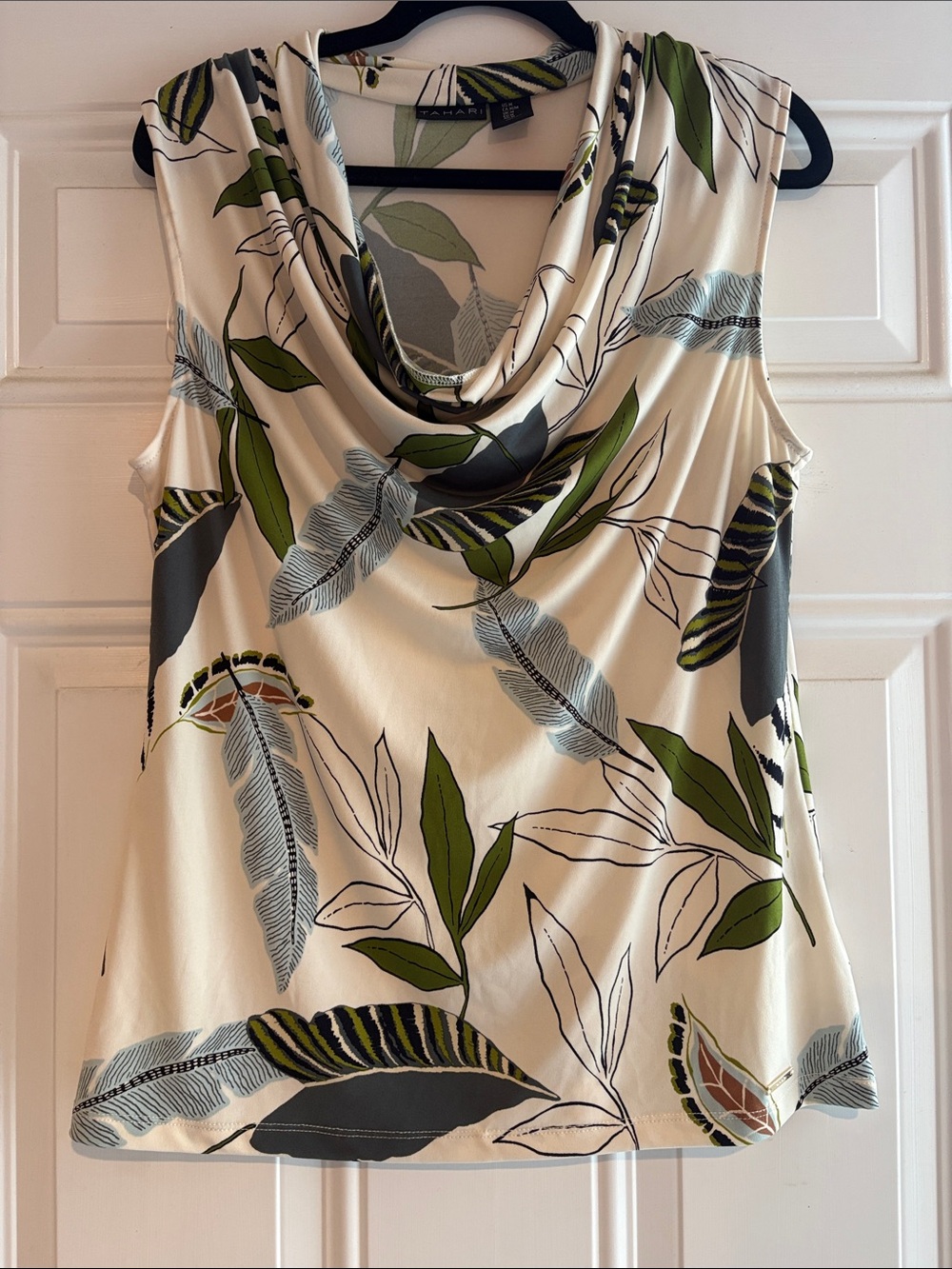 Tahari Cream Floral Print Cowl Neck Sleeveless Top